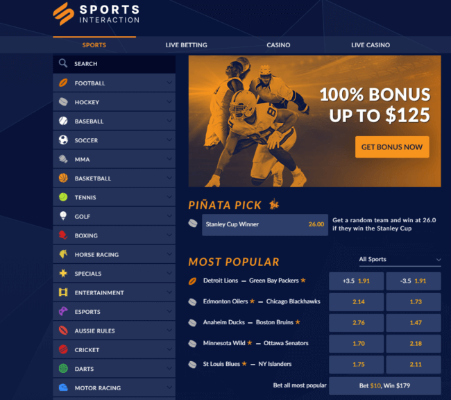 Sports Interaction referral code: 100% bonus up to $125